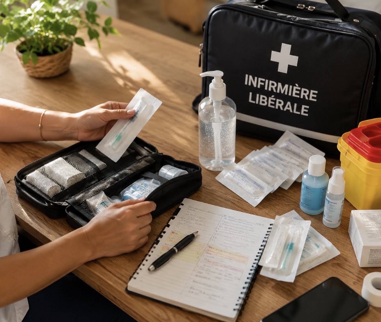 Préparation du matériel de soins par une infirmière libérale avant une tournée à domicile à Bessan